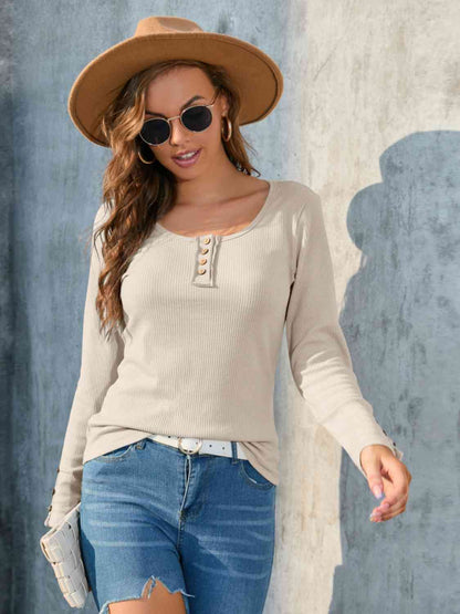 Buttoned Round Neck Long Sleeve T-Shirt