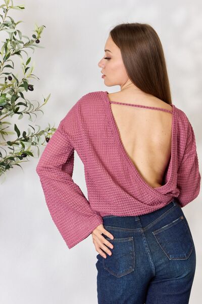 Culture Code Full Size Waffle-Knit Round Neck Long Sleeve Blouse - Create the impossible