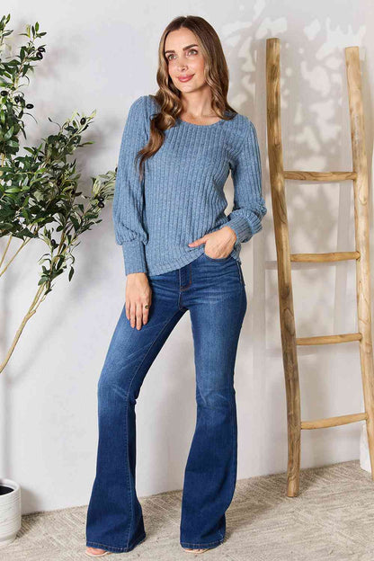 Double Take Ribbed Round Neck Lantern Sleeve Blouse - Create the impossible