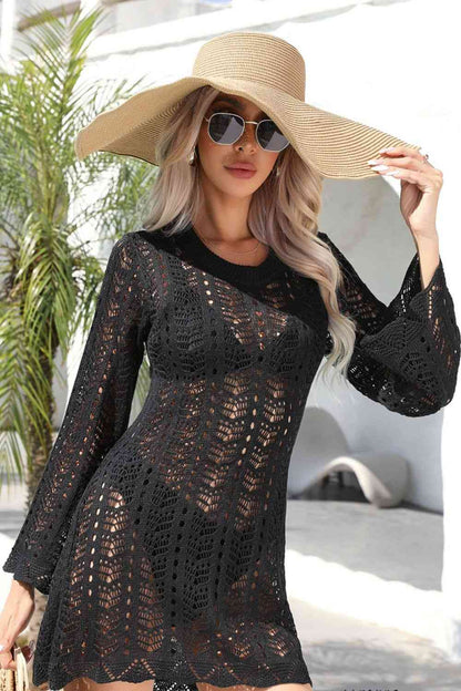 Openwork Scalloped Trim Long Sleeve Cover-Up Dress