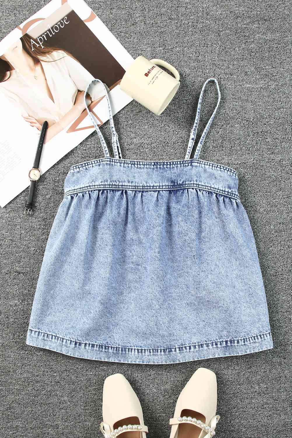 Smocked Adjustable Strap Denim Cami