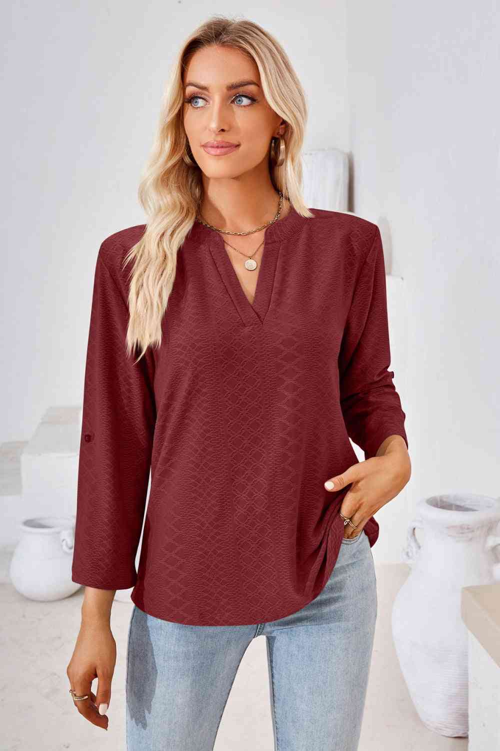 V-Neck Roll-Tap Sleeve Blouse - Create the impossible