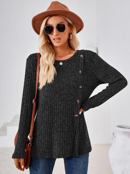 Ribbed Buttoned Round Neck Slit T-Shirt