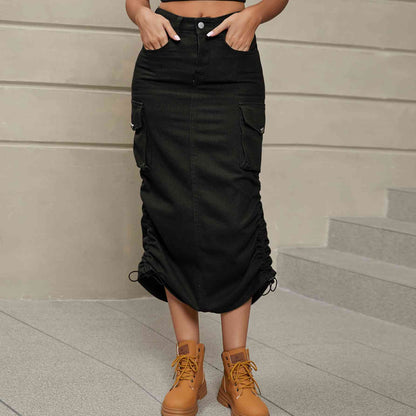 Drawstring Ruched Slit Denim Midi Skirt - Create the impossible