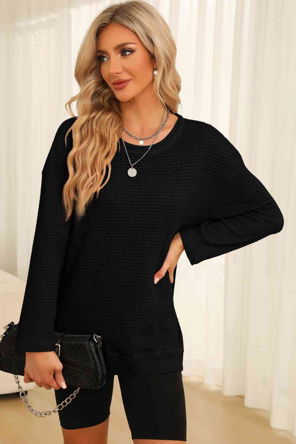 Waffle-Knit Round Neck Long Sleeve Sweatshirt - Create the impossible