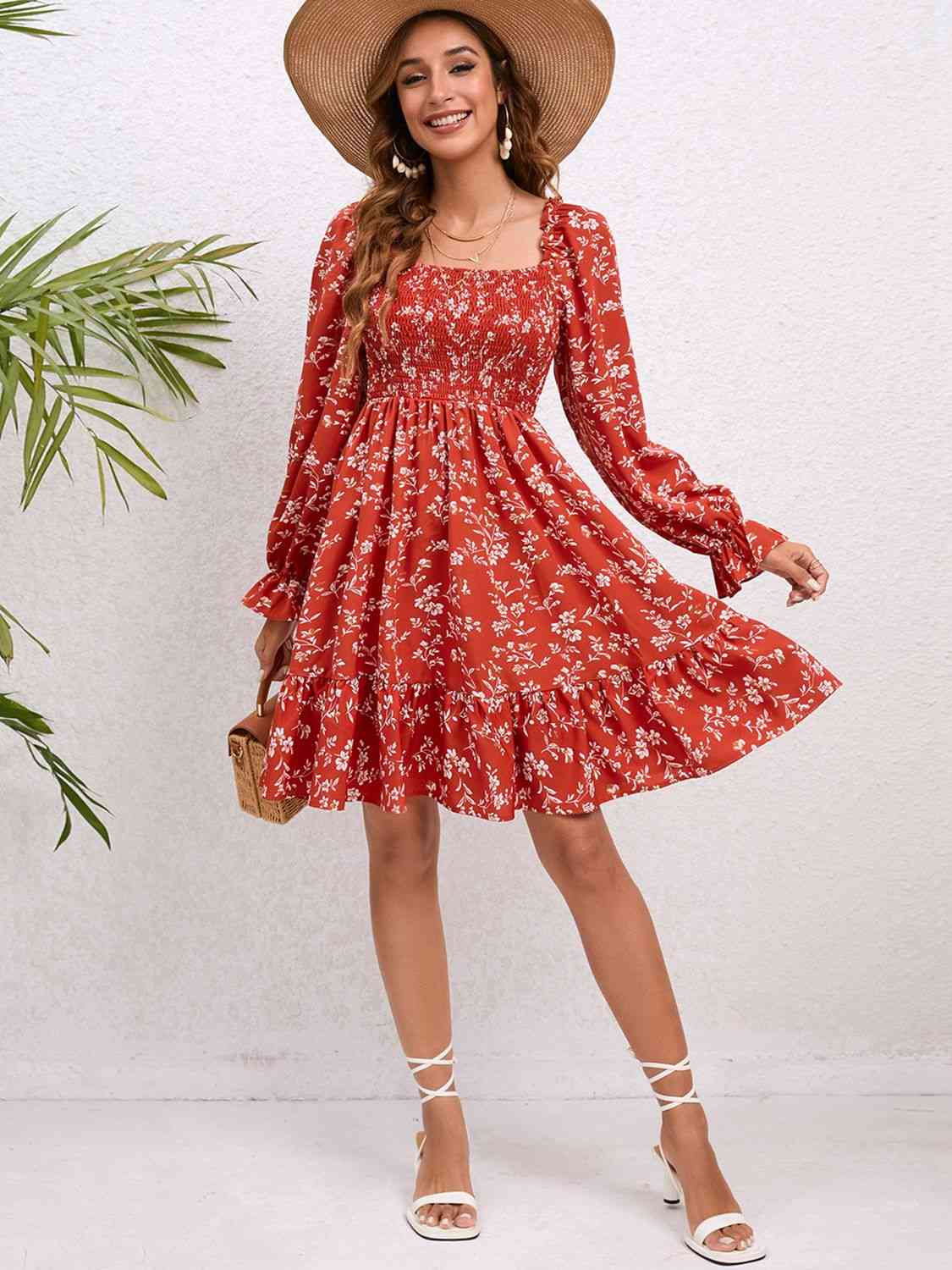 Floral Smocked Square Neck Dress