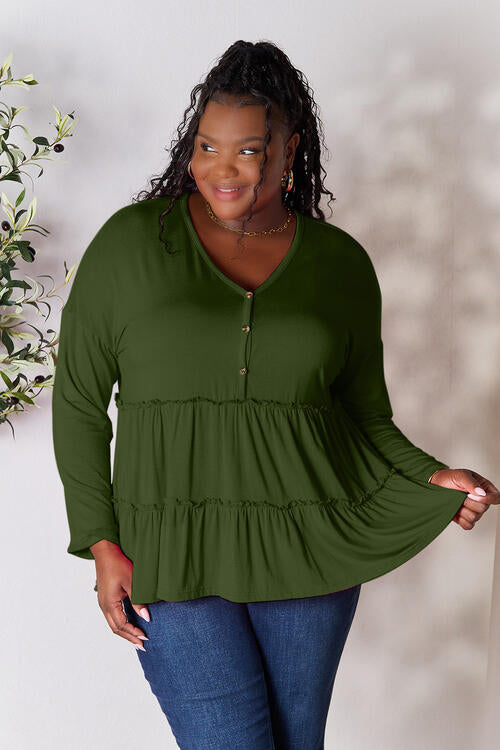 Double Take Half Button Long Sleeve Ruffle Hem Blouse - Create the impossible