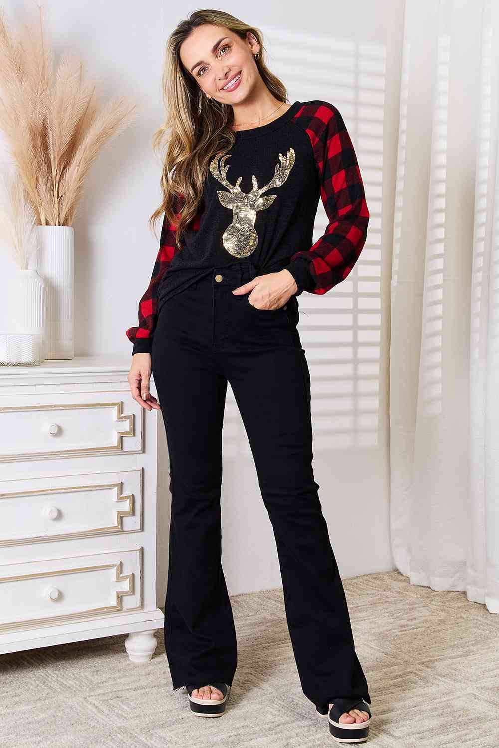 Heimish Full Size Sequin Reindeer Graphic Plaid Top - Create the impossible