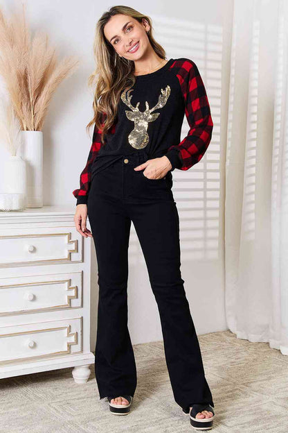 Heimish Full Size Sequin Reindeer Graphic Plaid Top - Create the impossible