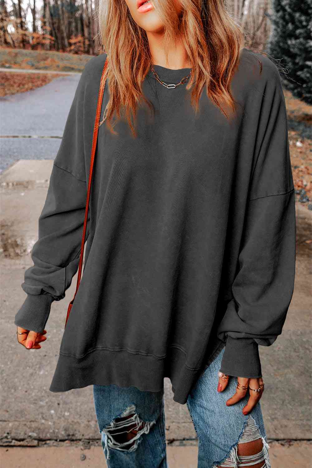 Dropped Shoulder Round Neck Long Sleeve Blouse - Create the impossible