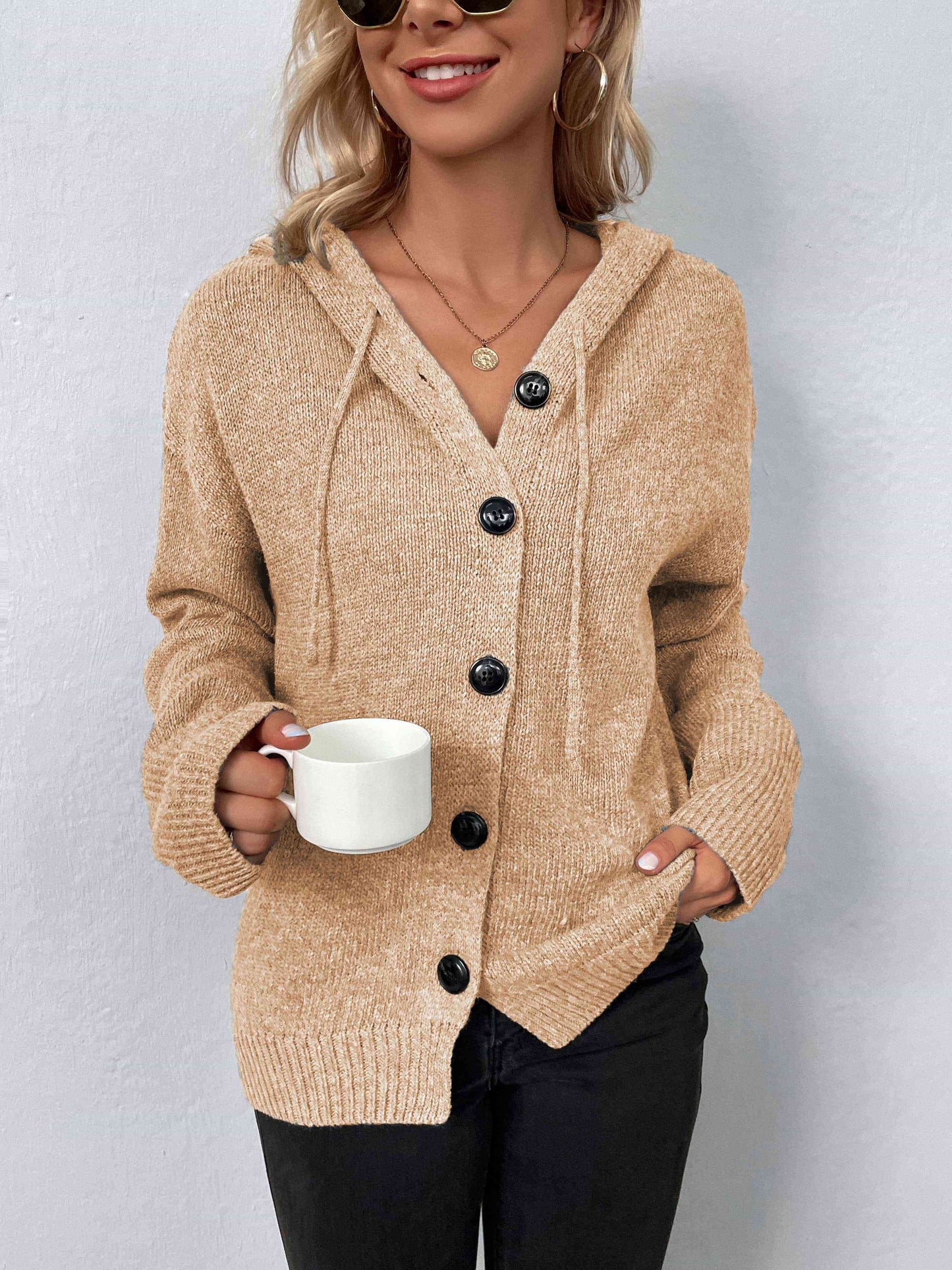 Button-Down Long Sleeve Hooded Sweater - Create the impossible