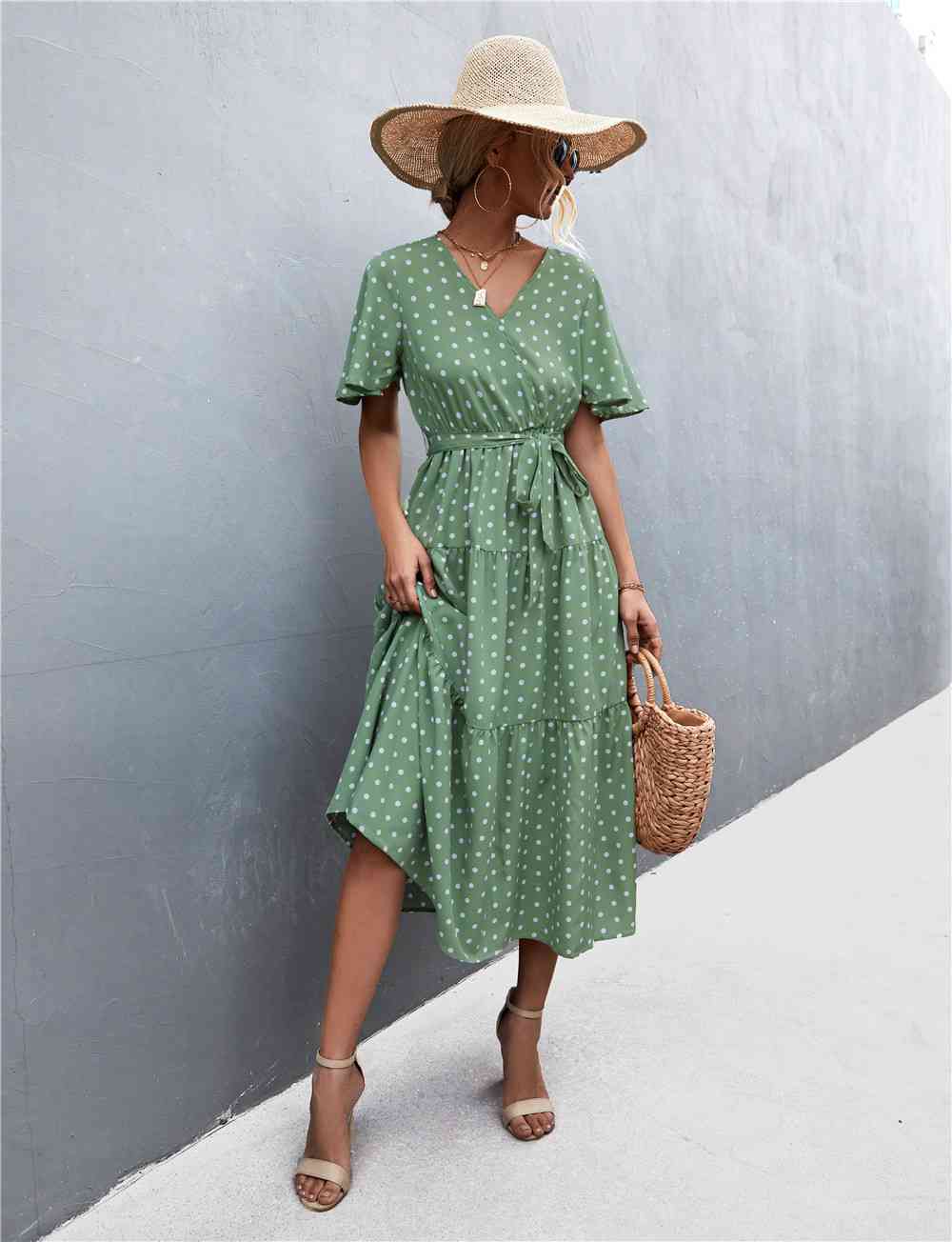 Printed V-Neck Flutter Sleeve Belted Dress - Create the impossible
