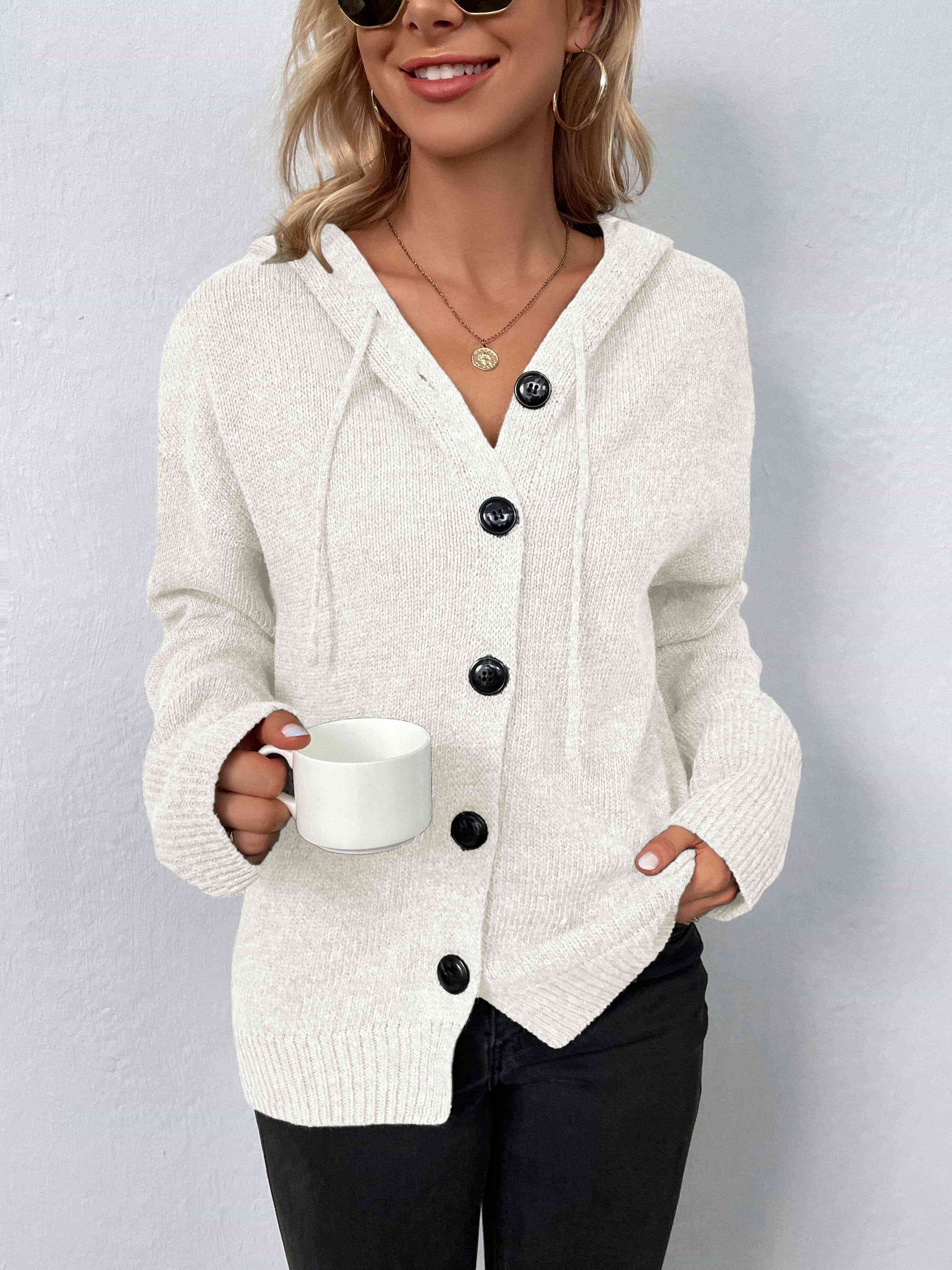 Button-Down Long Sleeve Hooded Sweater - Create the impossible