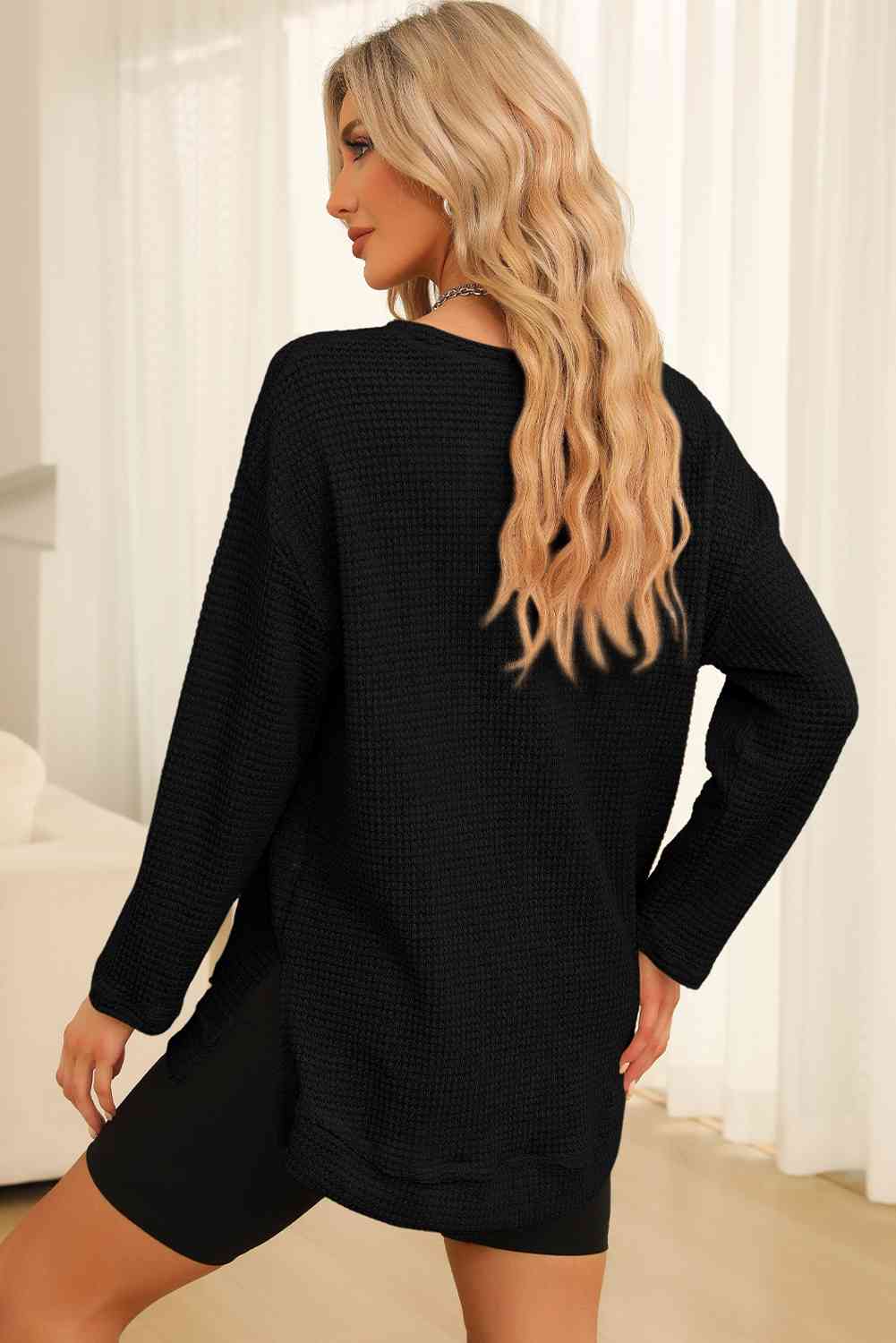 Waffle-Knit Round Neck Long Sleeve Sweatshirt - Create the impossible