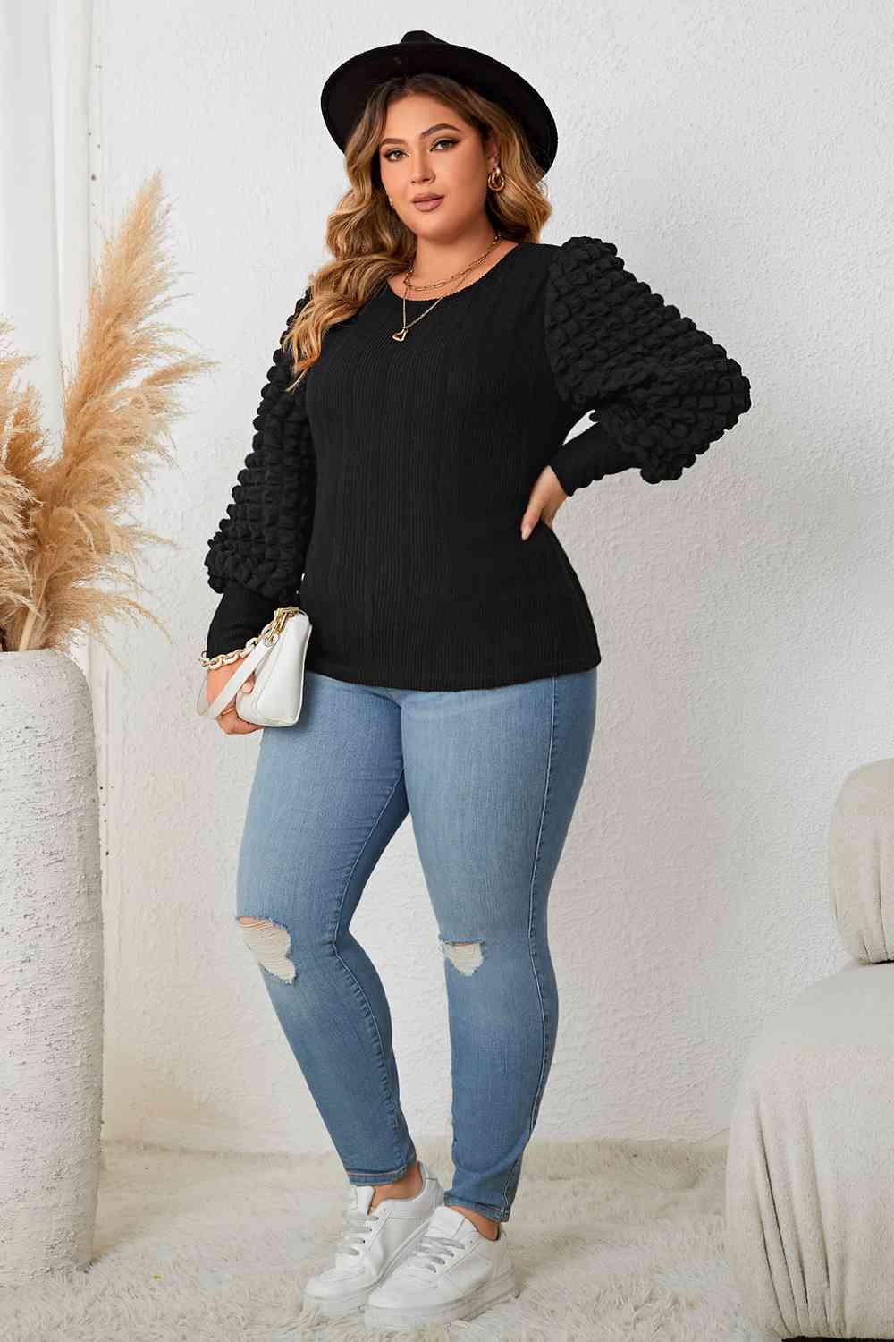 Plus Size Round Neck Lantern Sleeve Blouse