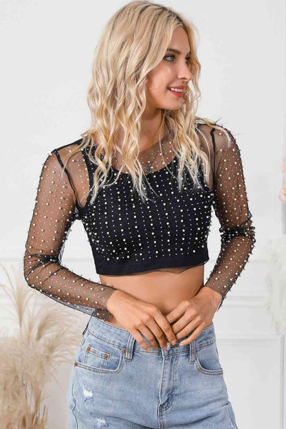 Pearl Long Sleeve Mesh Cropped Top - Create the impossible