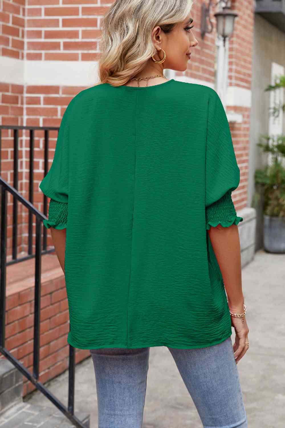 Round Neck Smocked Lantern Sleeve Blouse - Create the impossible