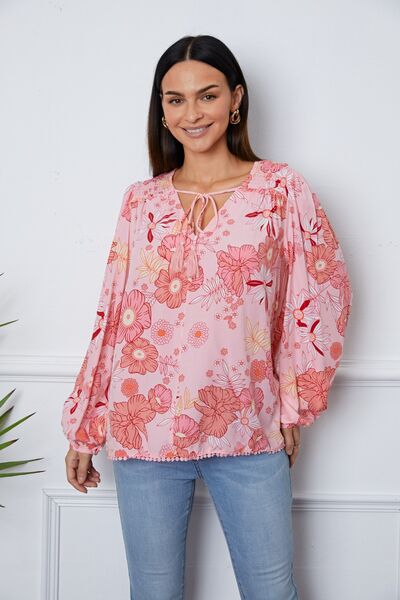 Floral Smocked Tassel Tie Balloon Sleeve Blouse - Create the impossible