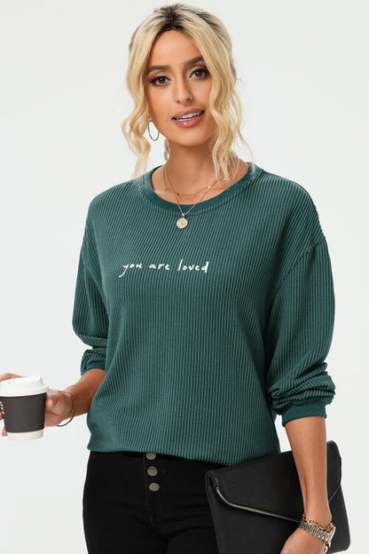 YOU ARE LOVED Graphic Dropped Shoulder Corduroy Sweatshirt