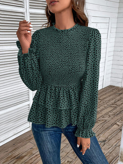 Printed Round Neck Smocked Flounce Sleeve T-Shirt - Create the impossible