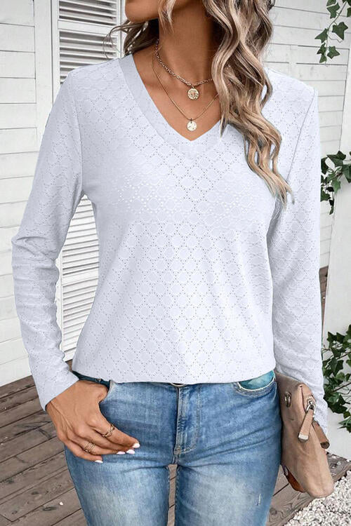 Eyelet V-Neck Long Sleeve T-Shirt