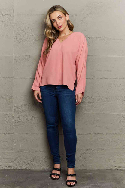 Roll-Tab Sleeve V-Neck Blouse - Create the impossible