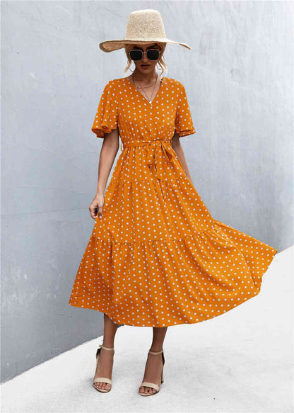 Printed V-Neck Flutter Sleeve Belted Dress - Create the impossible