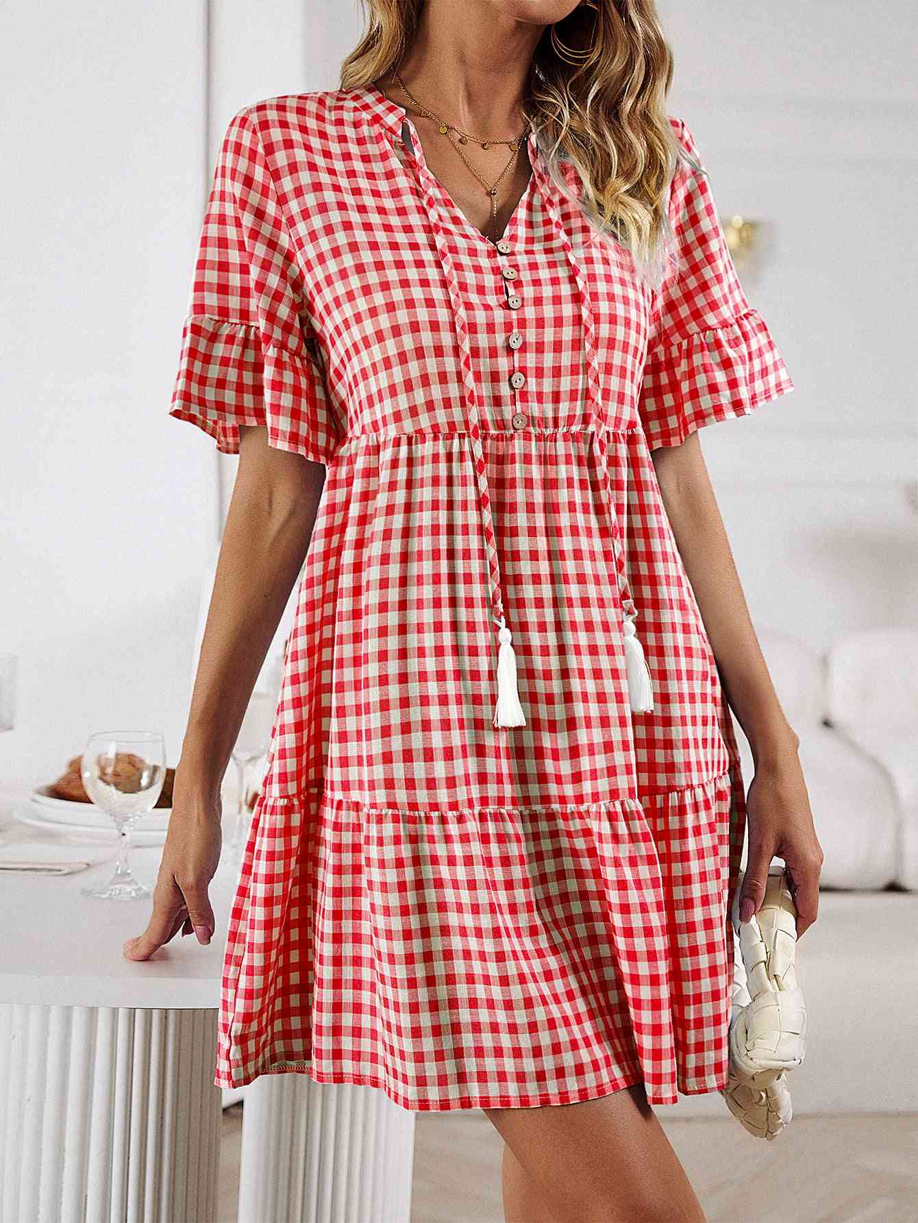 Plaid Flounce Sleeve Buttoned Mini Dress