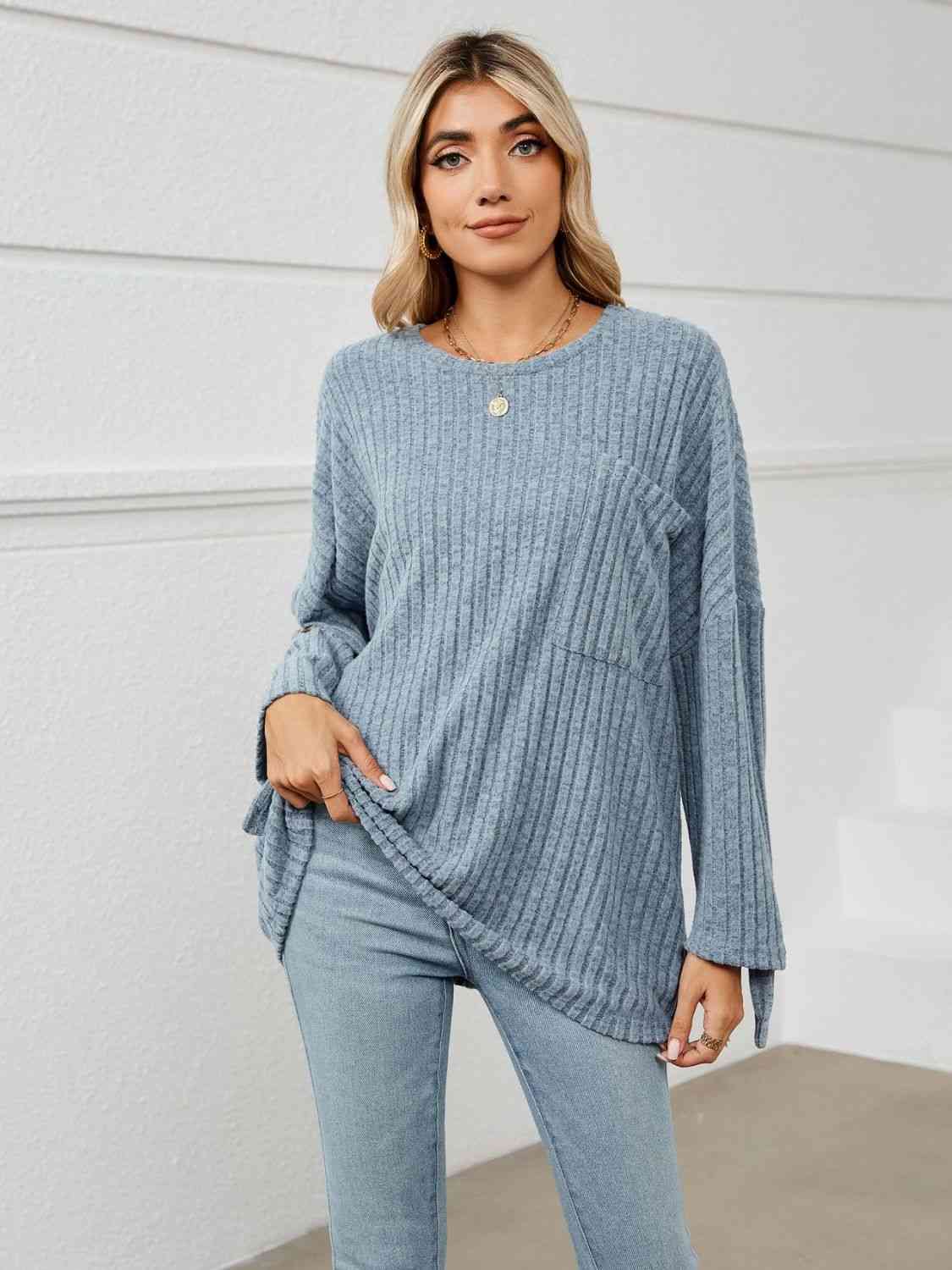 Round Neck Ribbed Long Sleeve T-Shirt