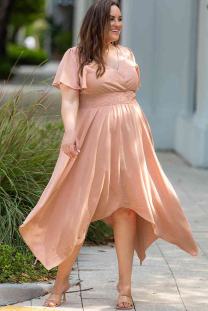 Plus Size Wide Waistband Surplice Neck Flutter Sleeve Midi Dress