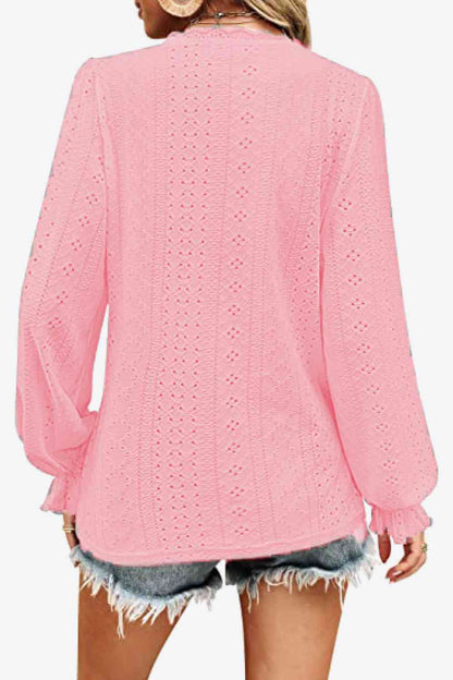 Eyelet V-Neck Flounce Sleeve Blouse - Create the impossible