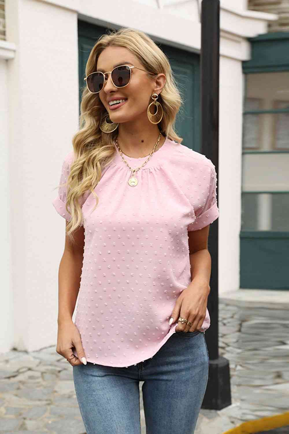 Swiss Dot Round Neck Short Sleeve Blouse - Create the impossible