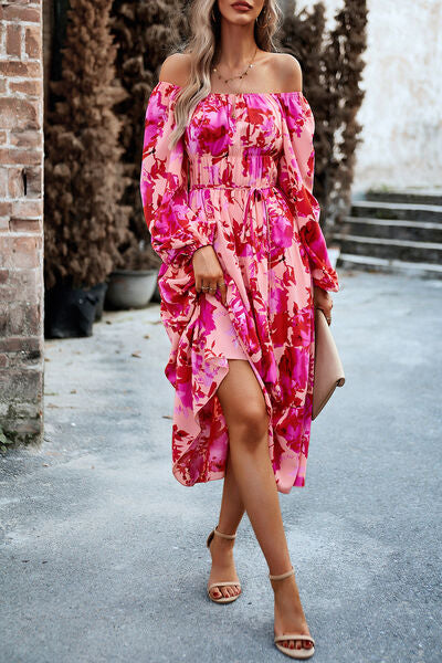 Printed Balloon Sleeve Pocketed Midi Dress