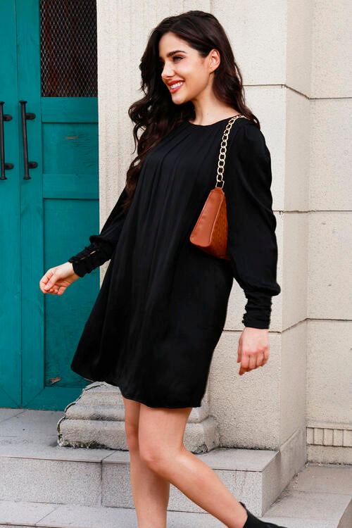 Ruched Round Neck Long Sleeve Mini Dress