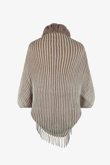 Striped Open Front Fringe Poncho