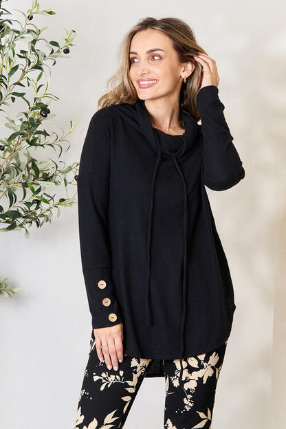 Jade By Jane Full Size Drawstring Cowl Neck Long Sleeve Blouse - Create the impossible