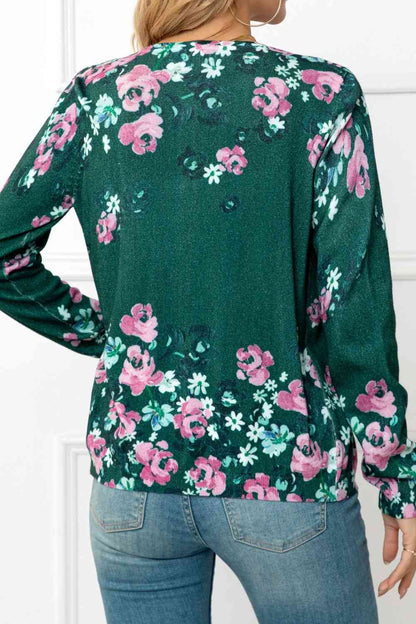 Woven Right Floral Button Front Round Neck Cardigan