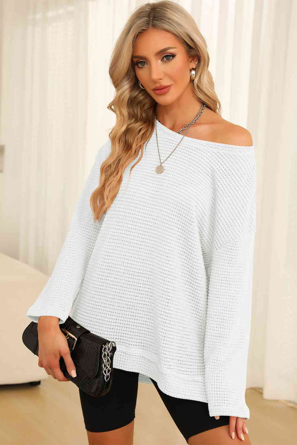 Waffle-Knit Round Neck Long Sleeve Sweatshirt - Create the impossible