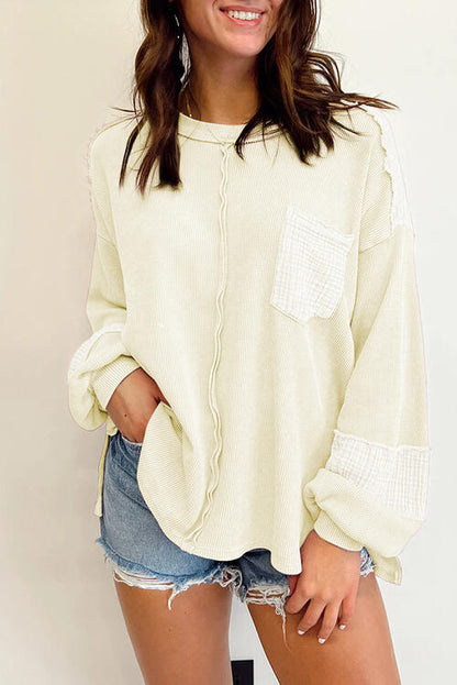 Waffle-Knit Exposed Seam Lantern Sleeve Blouse - Create the impossible