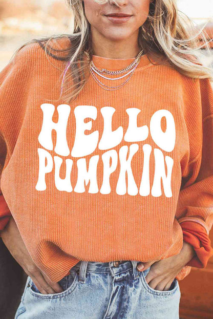 Round Neck Dropped Shoulder HELLO PUMPKIN Graphic Sweatshirt - Create the impossible