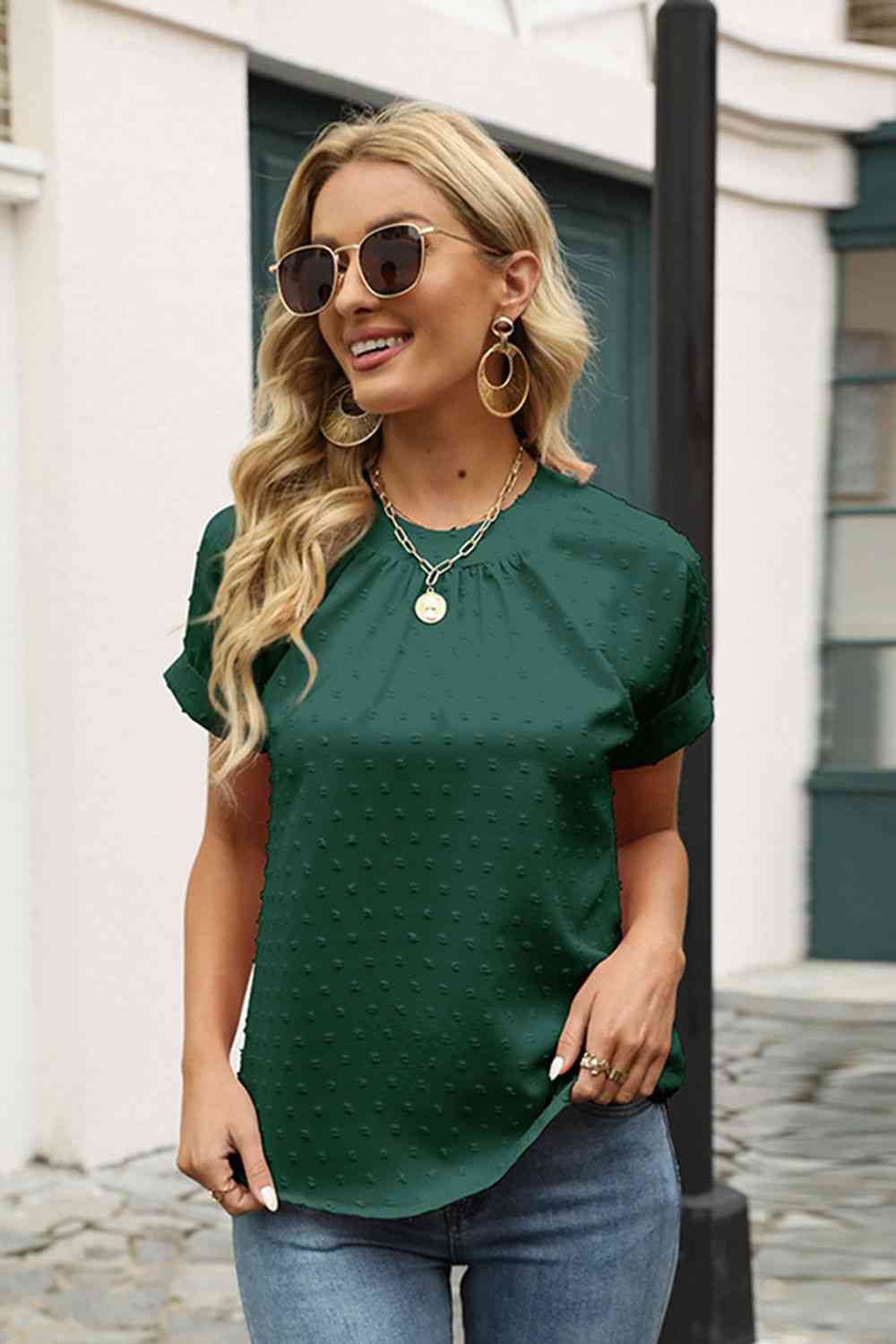 Swiss Dot Round Neck Short Sleeve Blouse - Create the impossible