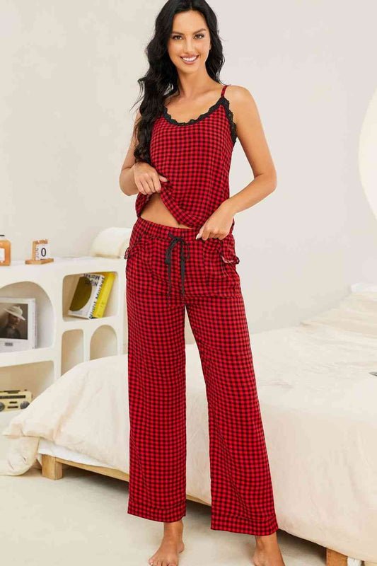 Plaid Lace Trim Cami and Drawstring Pants Pajama Set