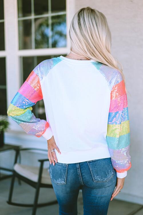 Sequin Round Neck Color Block  Sleeve Sweatshirt