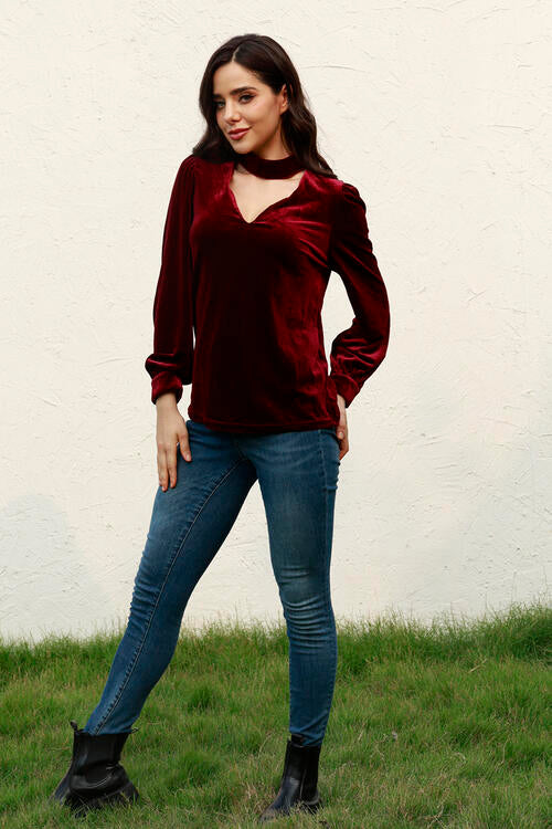 Cutout Puff Sleeve Velvet Blouse - Create the impossible