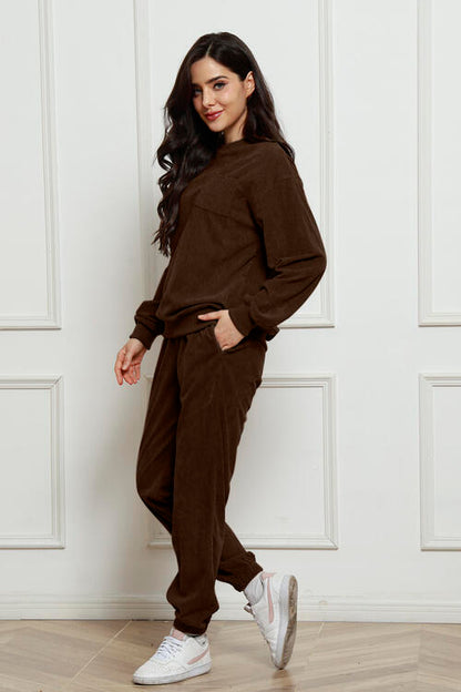 Corduroy Round Neck Sweatshirt and Sweatpants Set - Create the impossible