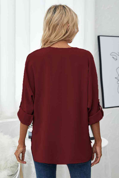 Roll-Tab Sleeve V-Neck Blouse - Create the impossible