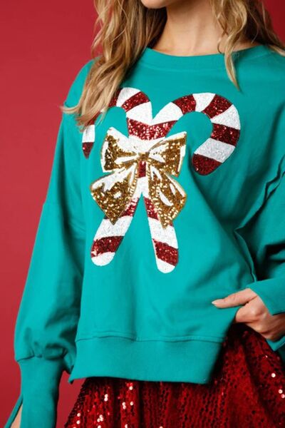 Candy Cane Slit Dropped Shoulder Sweatshirt