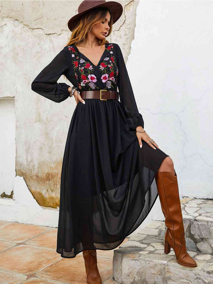 Flower Tie Neck Balloon Sleeve Dress