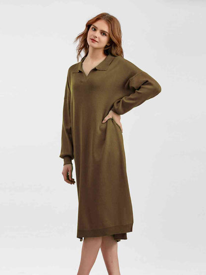 Johnny Collar Long Sleeve Slit Sweater Dress