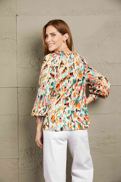 Double Take Multicolored V-Neck Lantern Sleeve Shirt